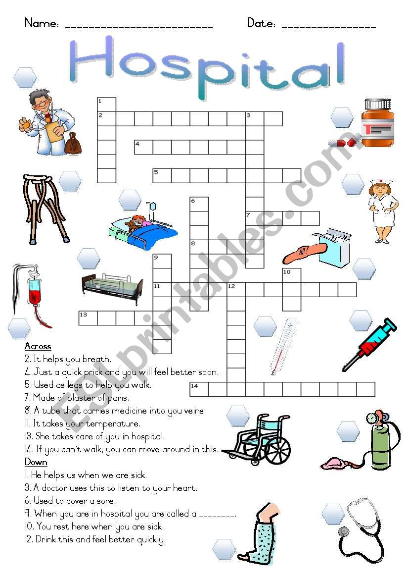 Hospital Crossword Puzzle worksheet