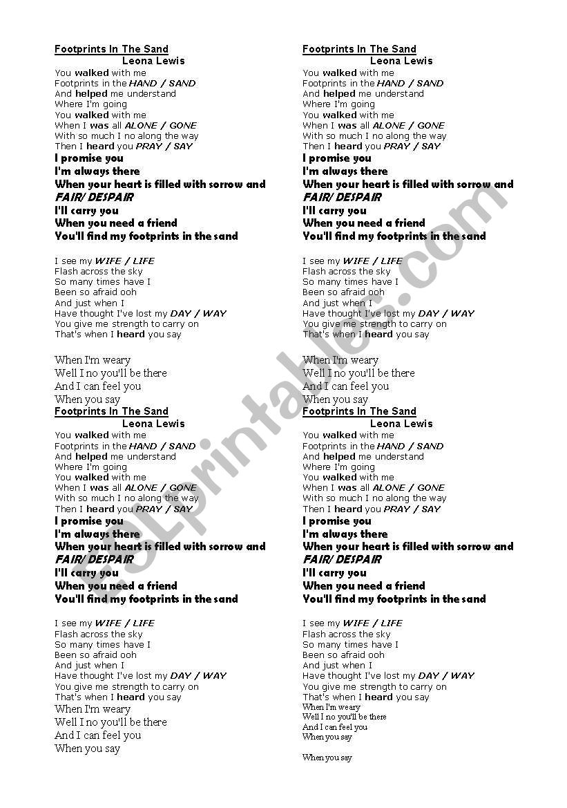 song Footprints in the sand worksheet