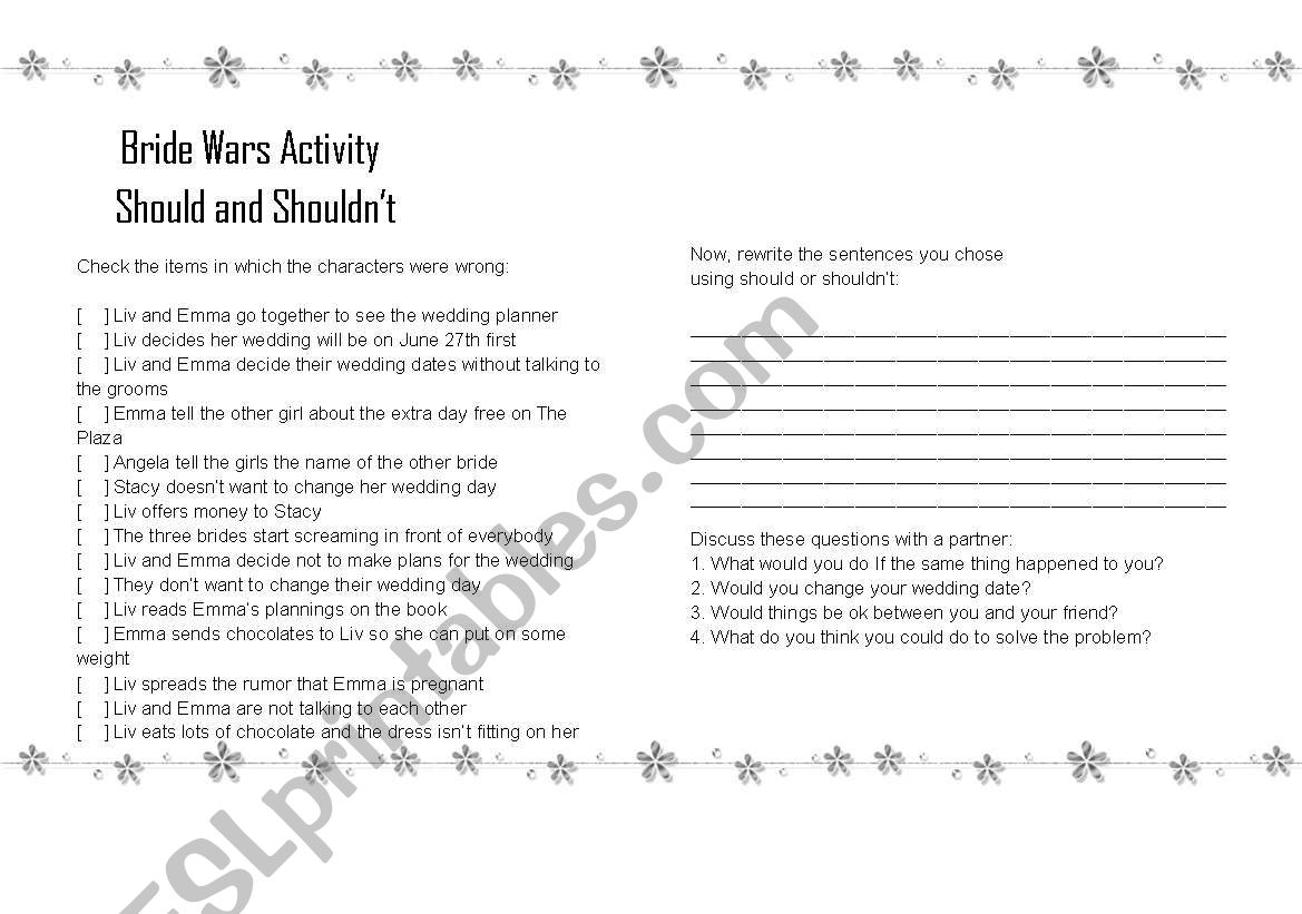 Movie activity: Bride Wars - Topic: Should and ShouldnÂ´s