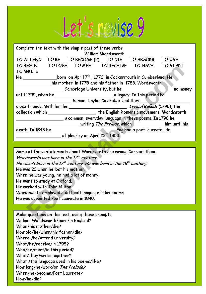 Lets revise 9 Simple past  worksheet