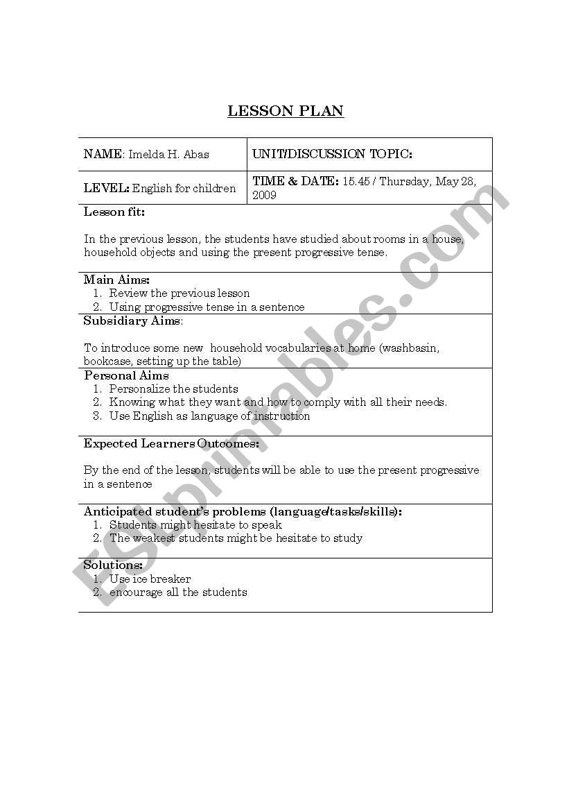 Rooms-Action worksheet