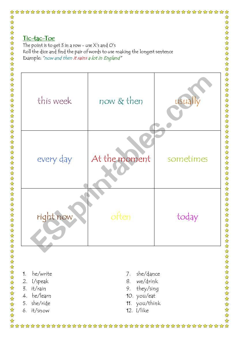 Tic-Tac-Toe game worksheet