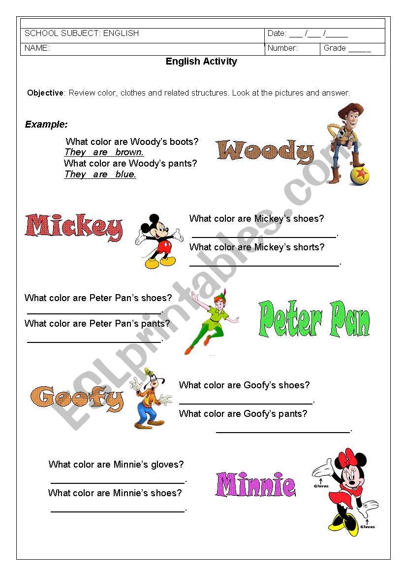 Color and Clothes worksheet