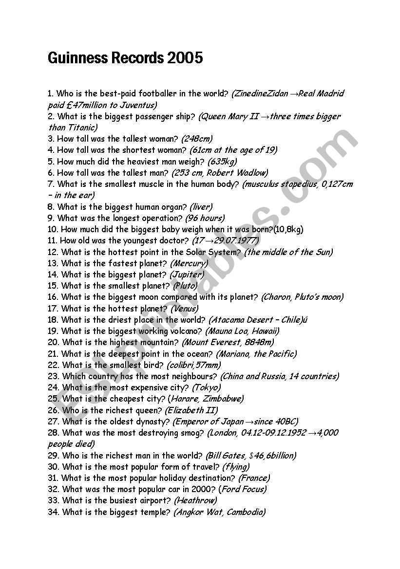 Guinness Records worksheet