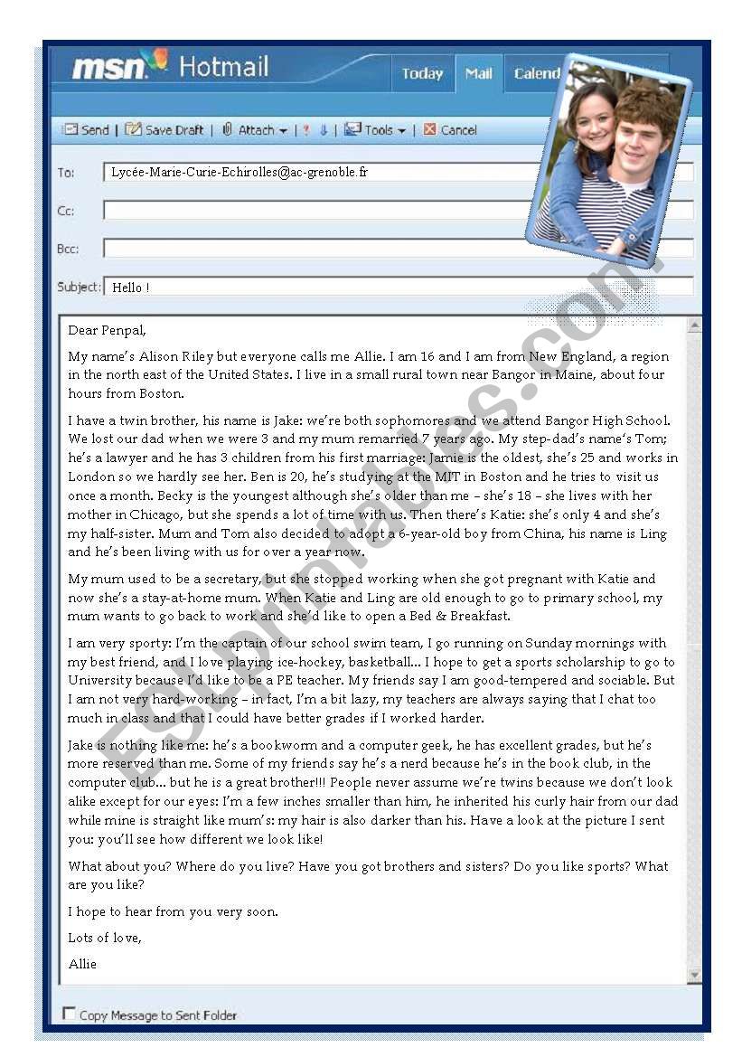 email from your penpal - ESL worksheet by ELOJOLIE19