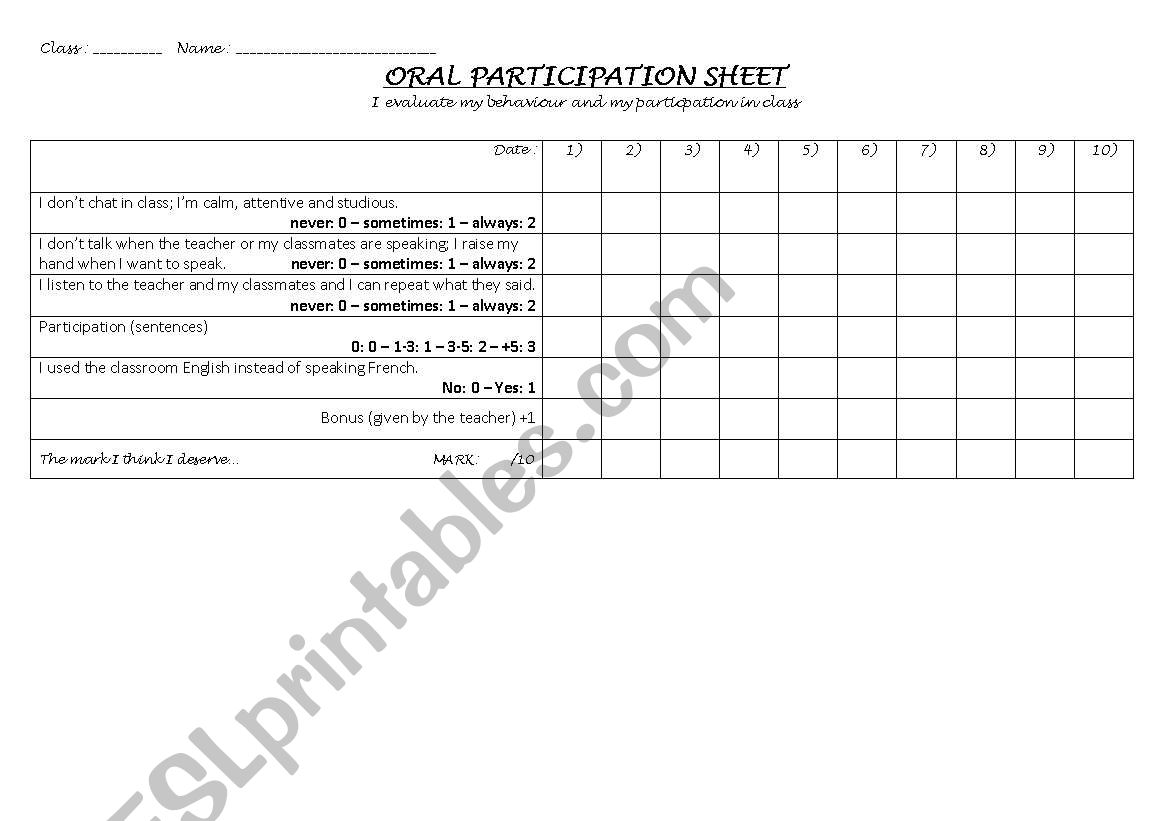 ORAL PARTICIPATION SHEET worksheet
