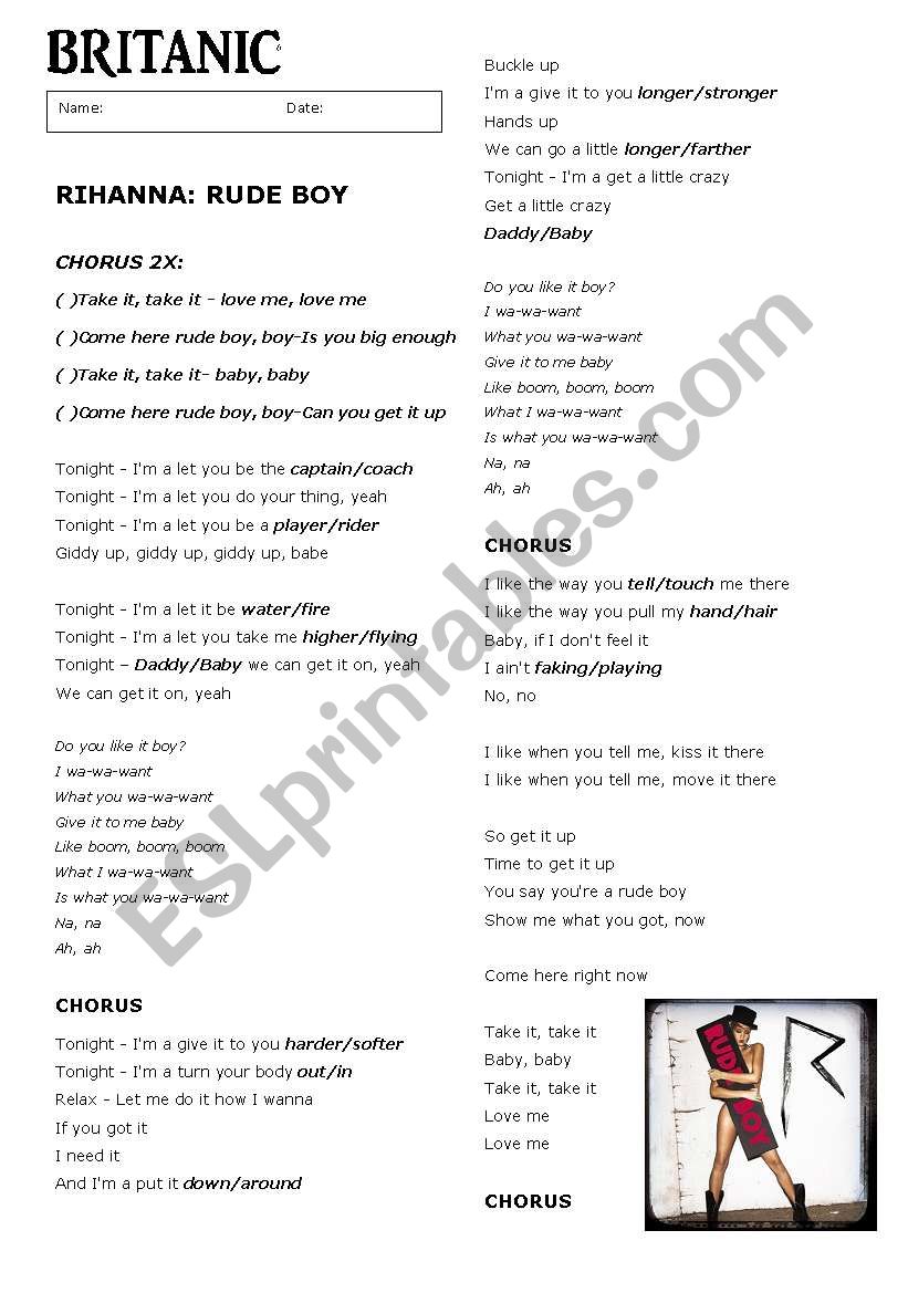 Rihanna Rude Boy song worksheet