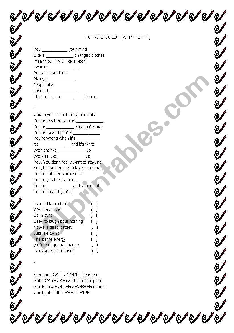 Kate perry Hot and Cold worksheet