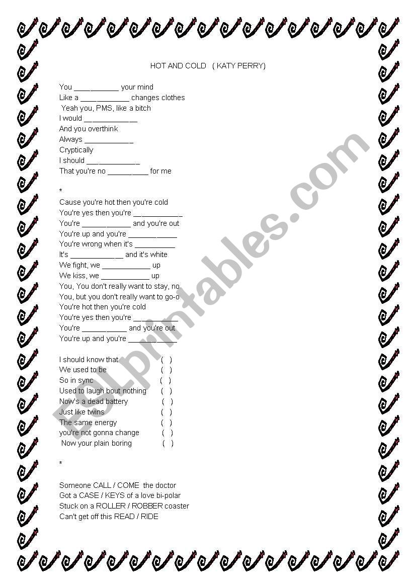 Kate perry Hot and Cold worksheet