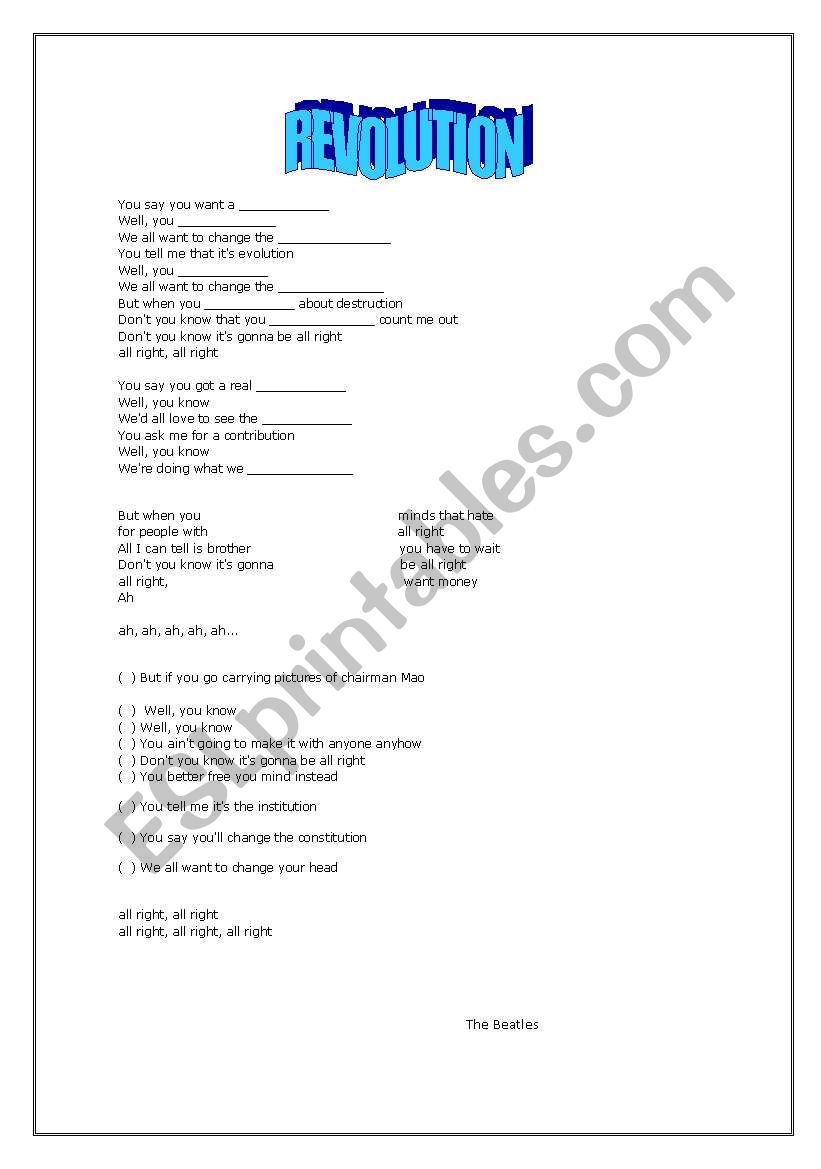 Song: Revolution worksheet