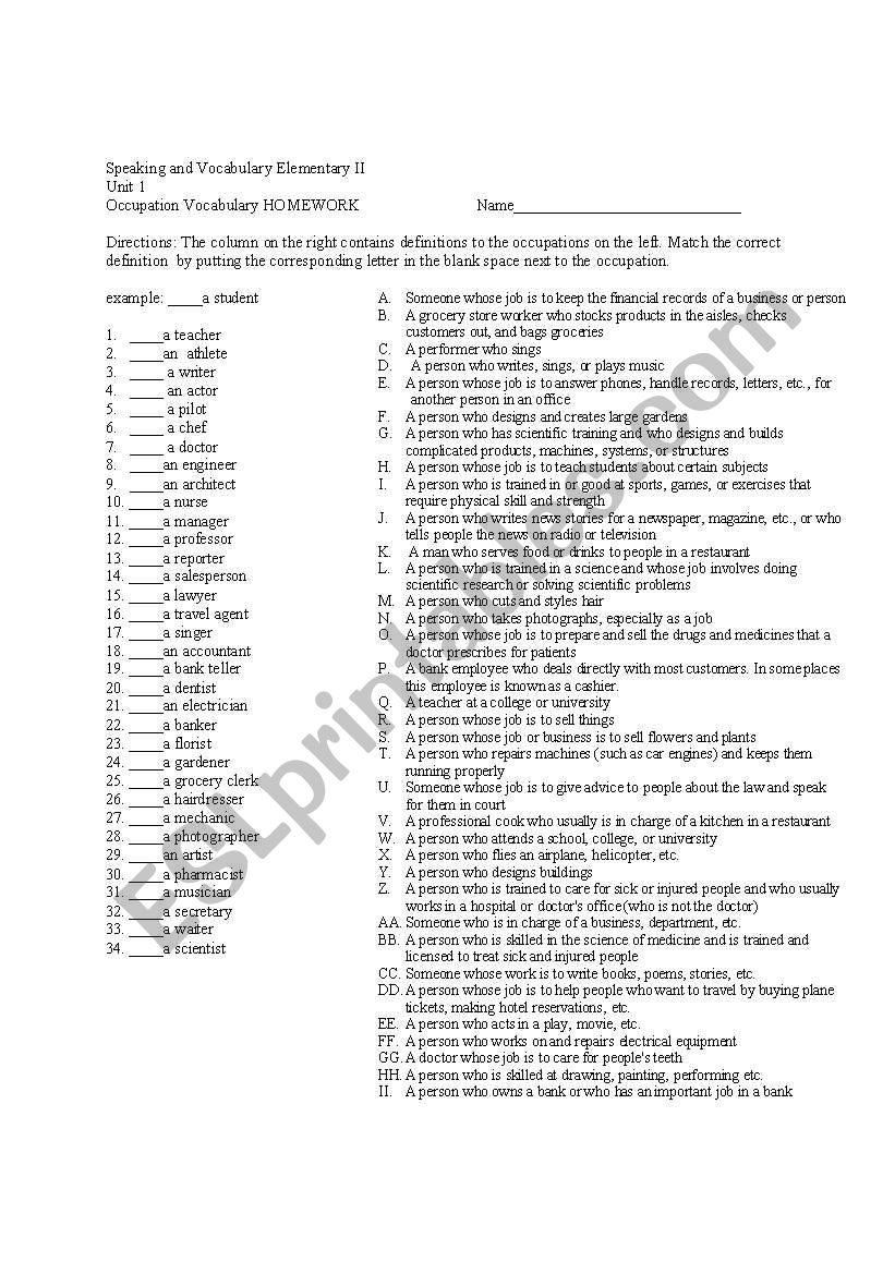 Occupation Vocabulary word match