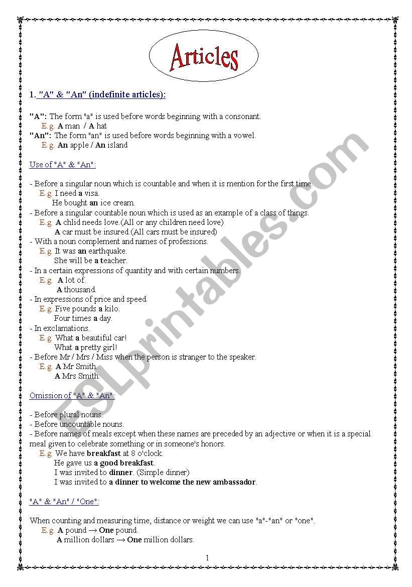 Articles worksheet