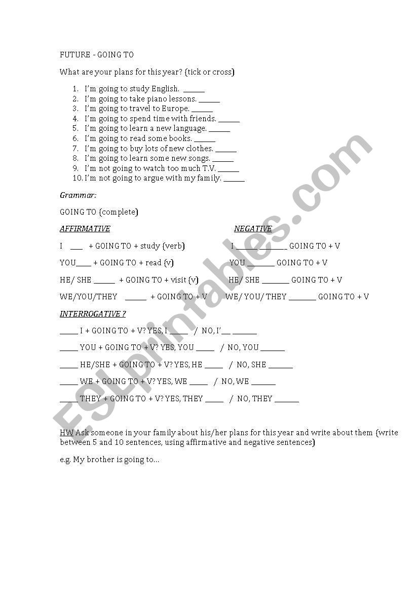 FUTURE goingo to for plans worksheet
