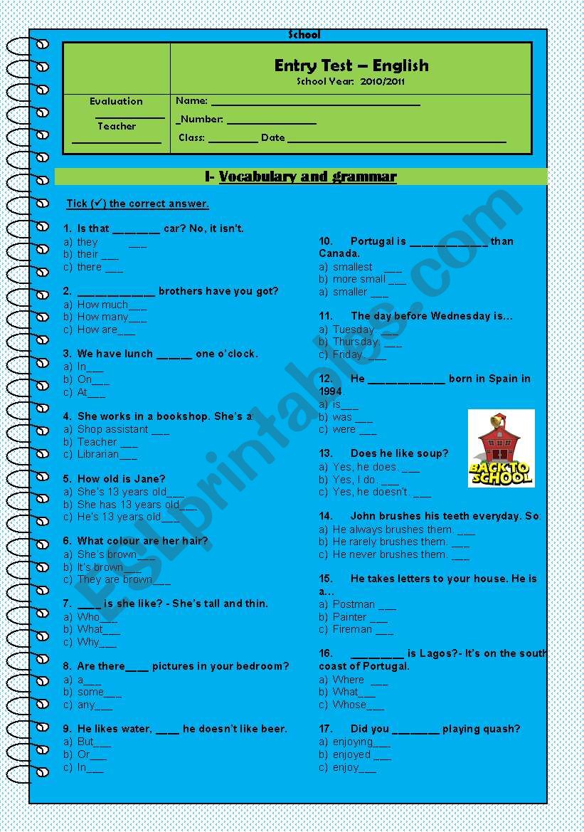 Entry test - 8th form worksheet