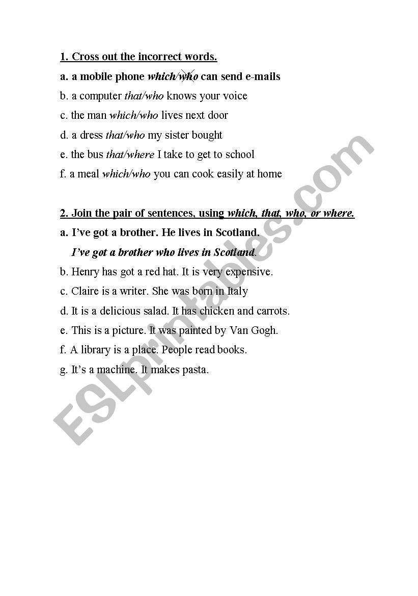 Defining Relative clauses worksheet