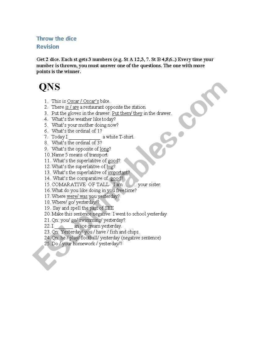 The dice game worksheet