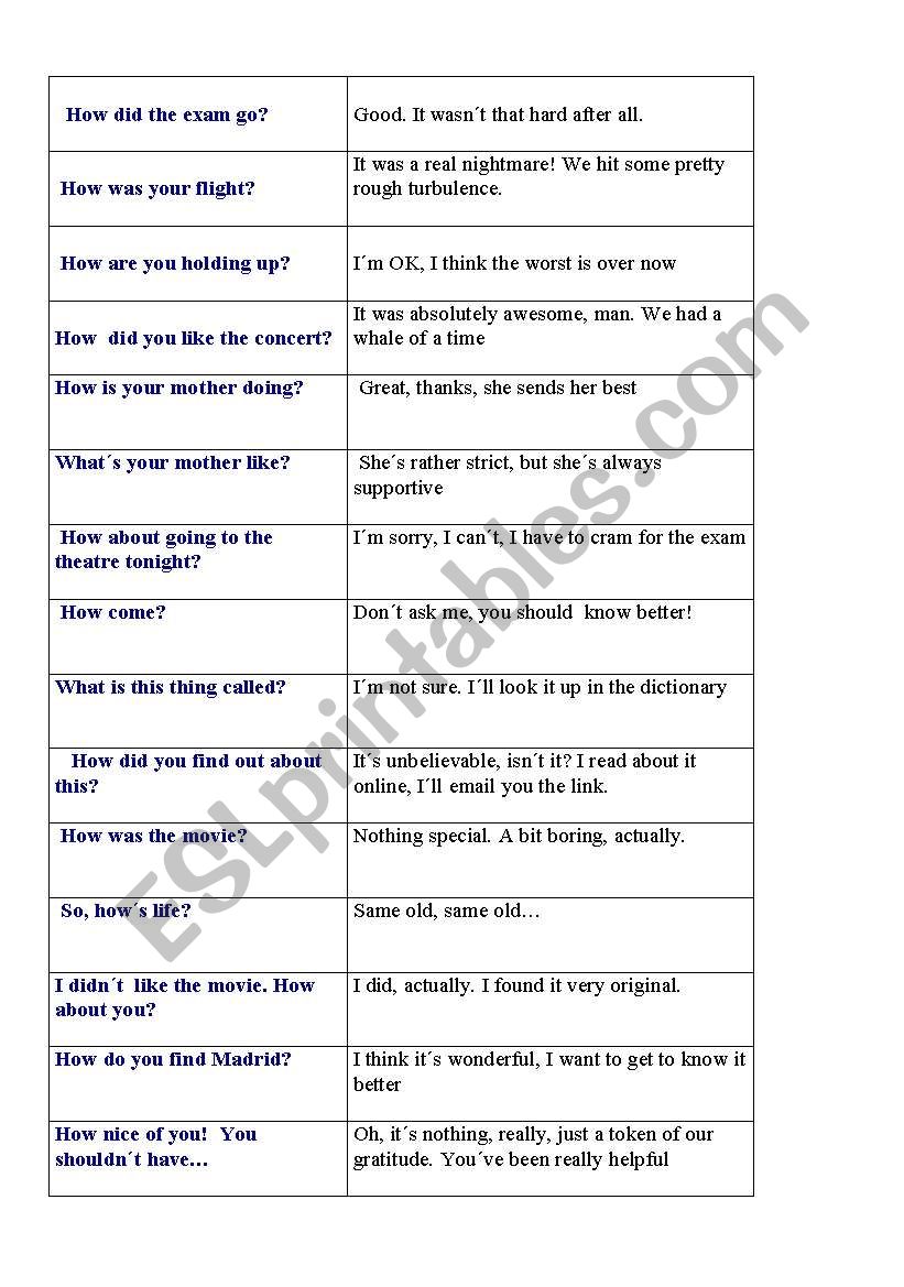 How and what questions worksheet