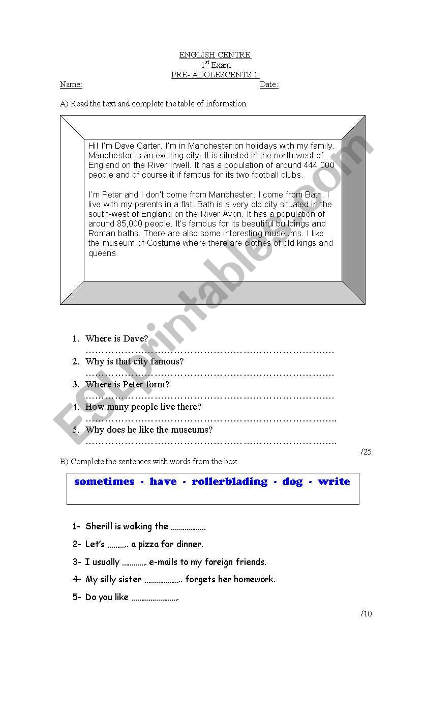 exam for elementary worksheet