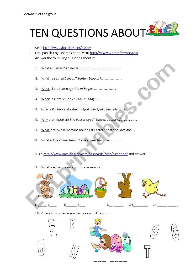 Ten questions about Easter worksheet