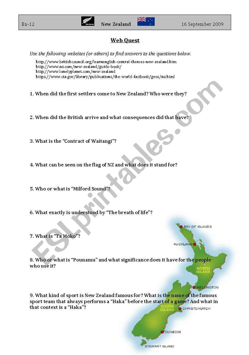 New Zealand Webquest worksheet