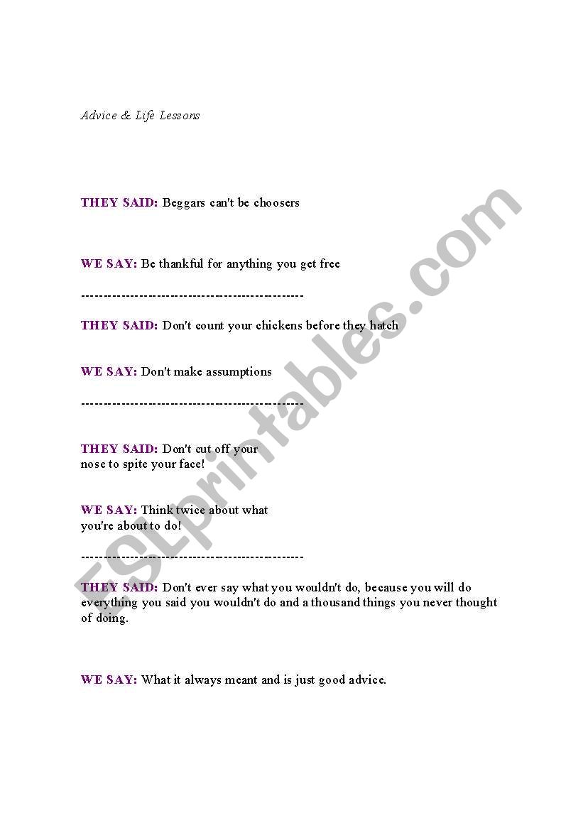 Advice and life lessons worksheet