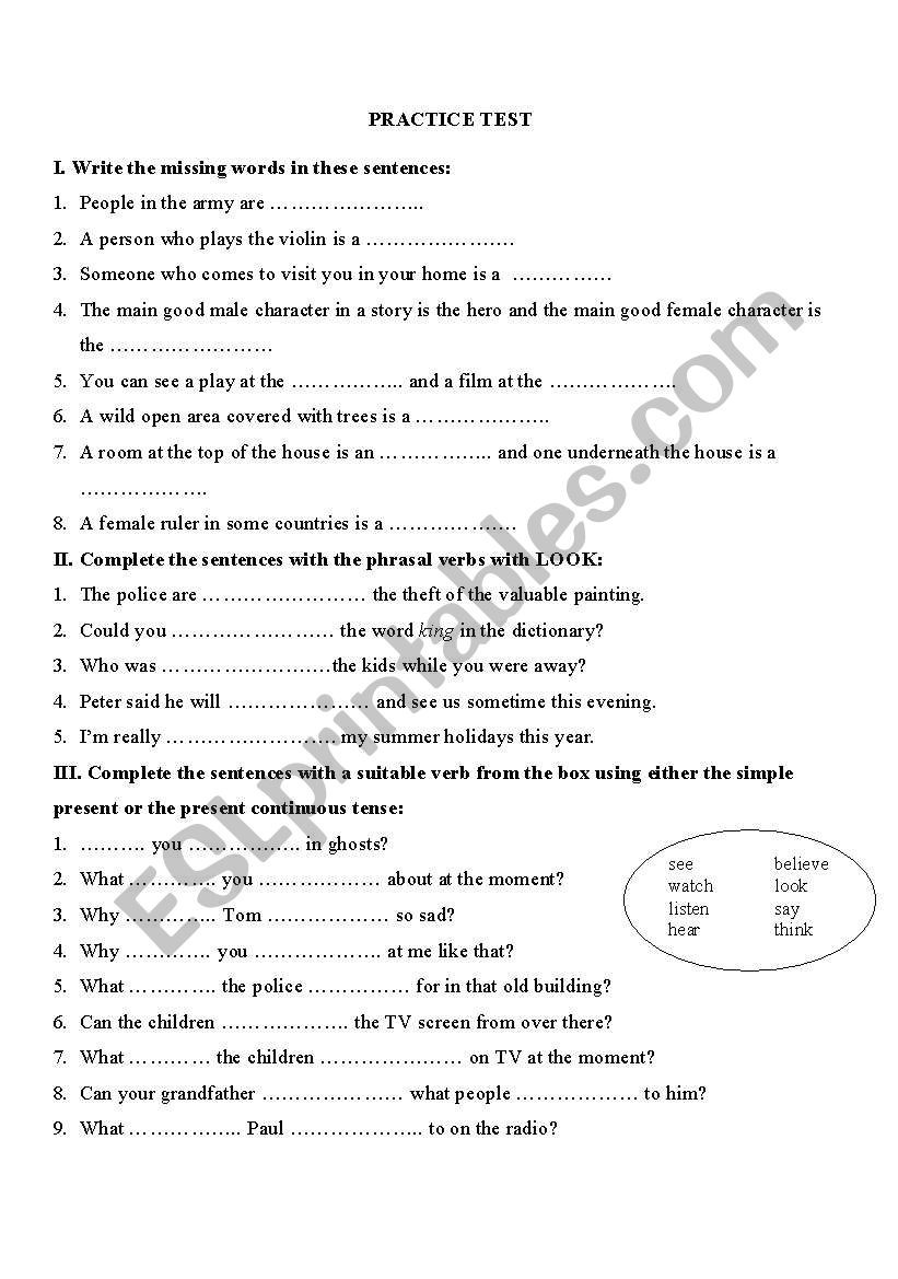 Practice test worksheet