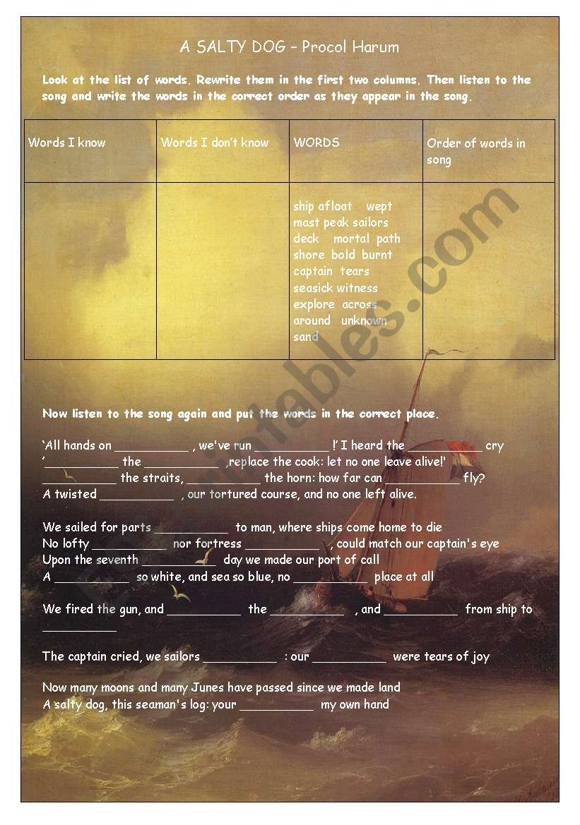 A SALTY DOG  PROCOL HARUM worksheet