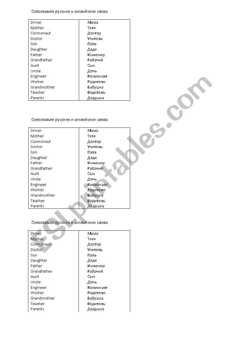PROFESSIONS AND FAMILY worksheet