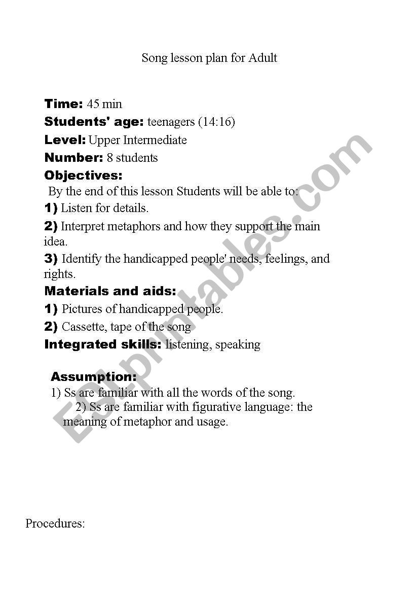 Song lesson plan worksheet