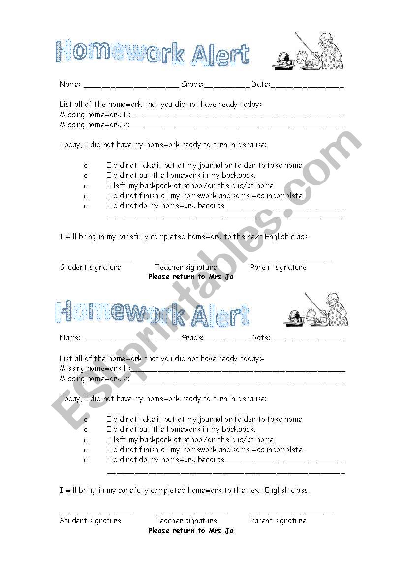 Homework Alert worksheet