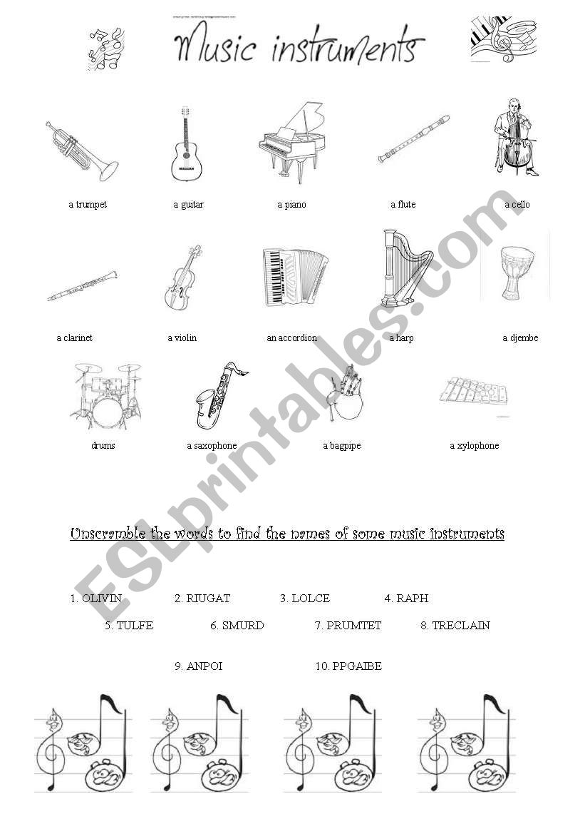 Music instruments worksheet