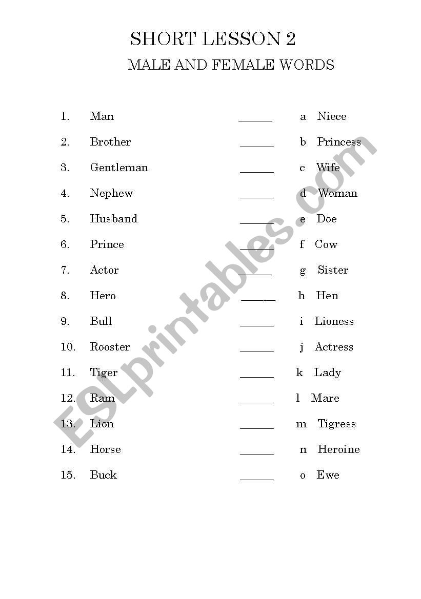 Male and Female words worksheet