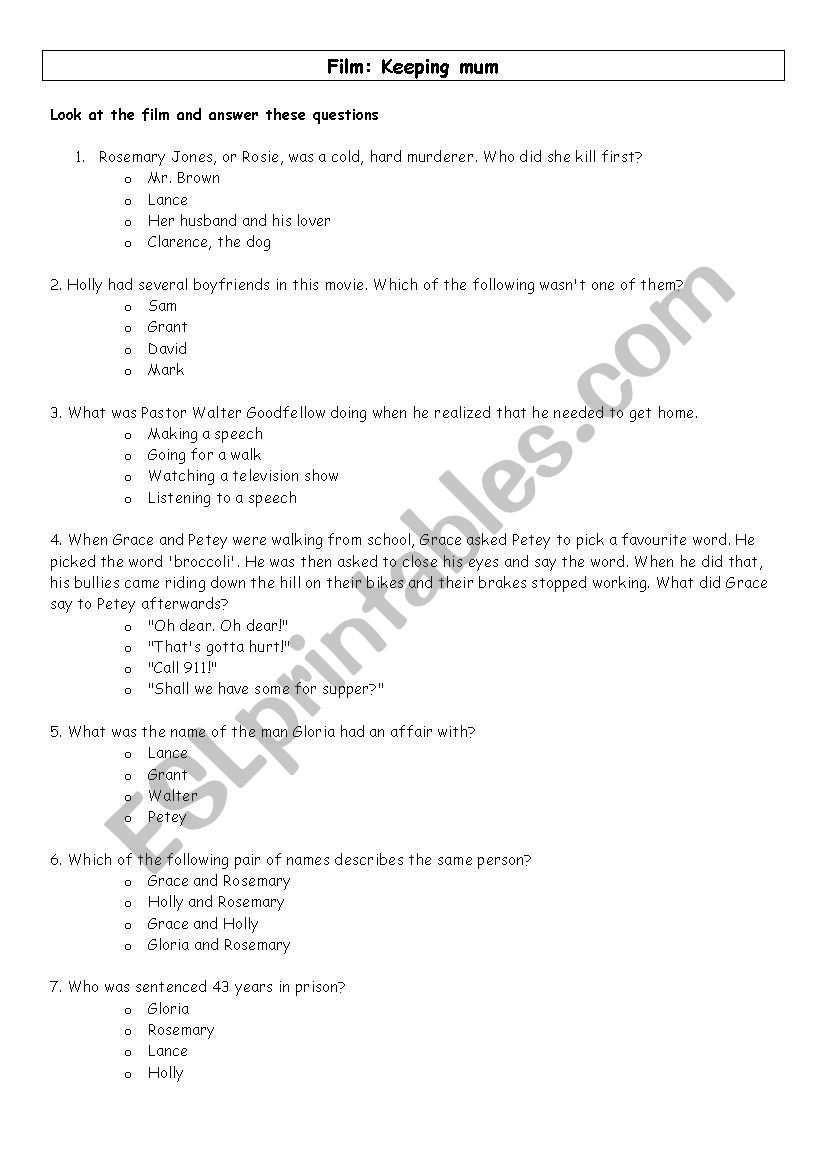 Film:; Keeping mum worksheet