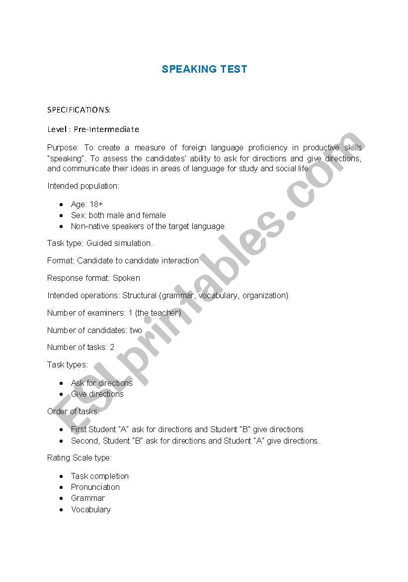 SPEAKING TEST worksheet
