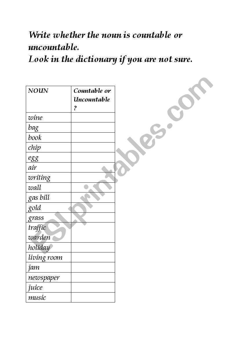 Find uncountable nouns worksheet