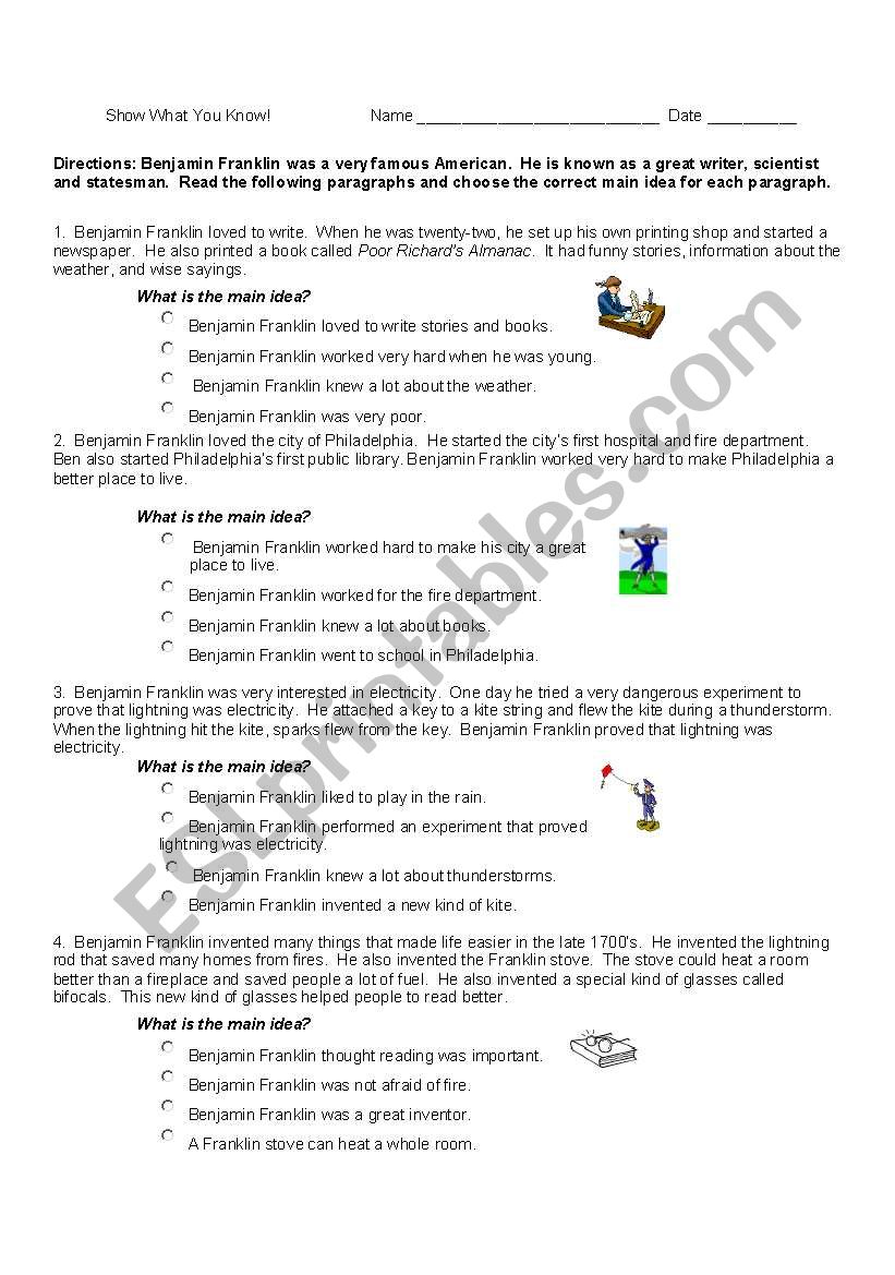 Main Idea Quiz worksheet