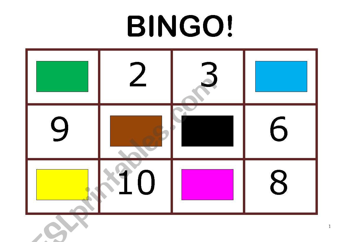 colours and numbers bingo worksheet