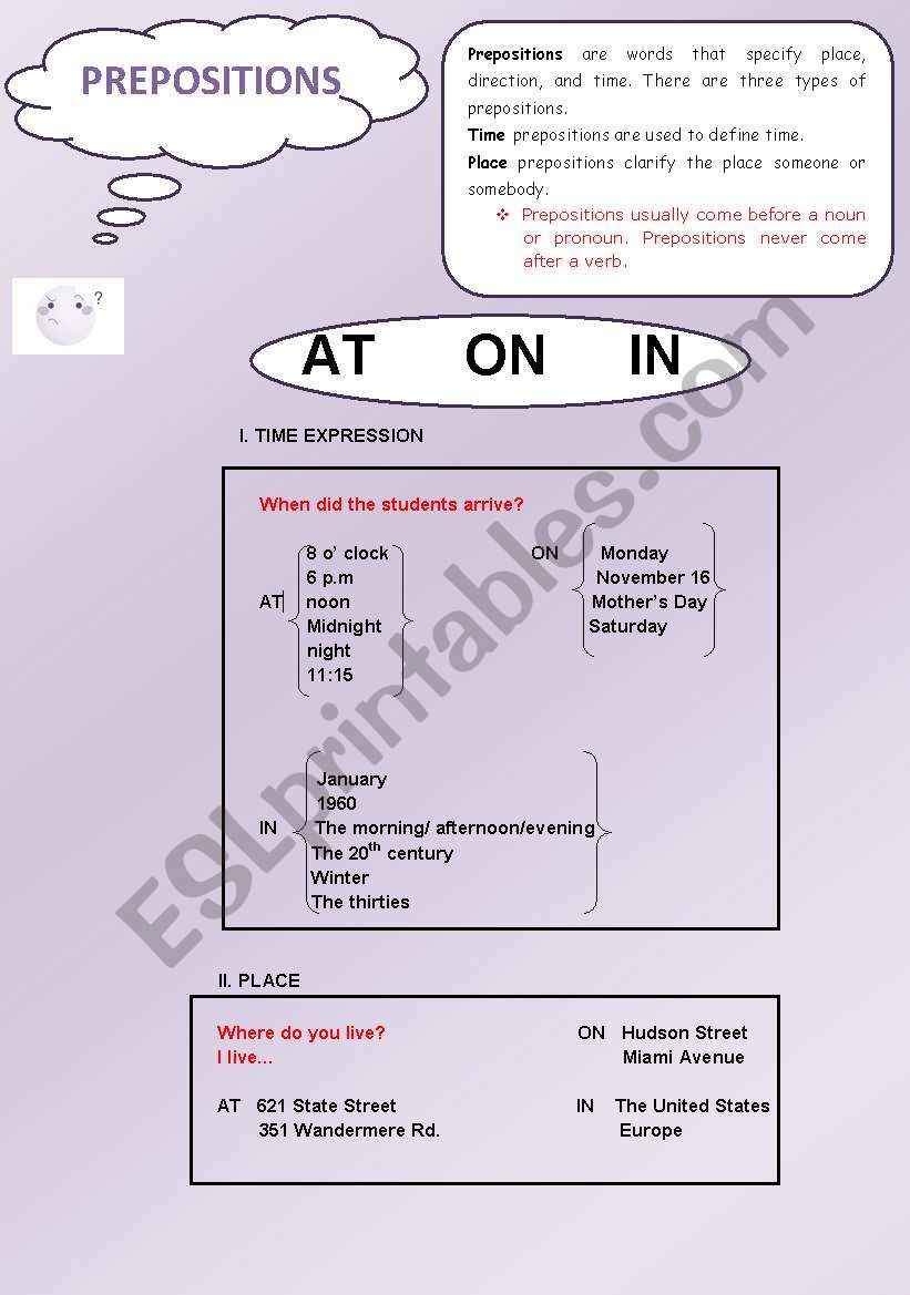 prepositions time/place worksheet