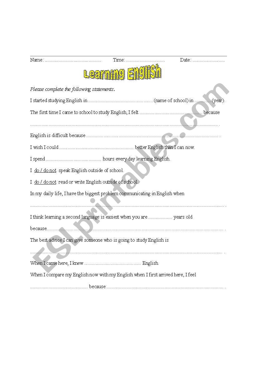 Learning English Experience   worksheet