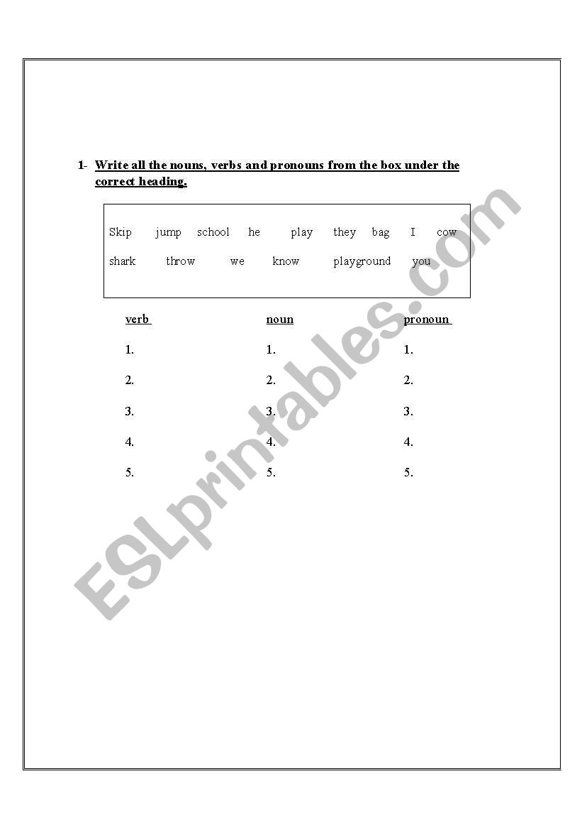 nouns & verbs worksheet