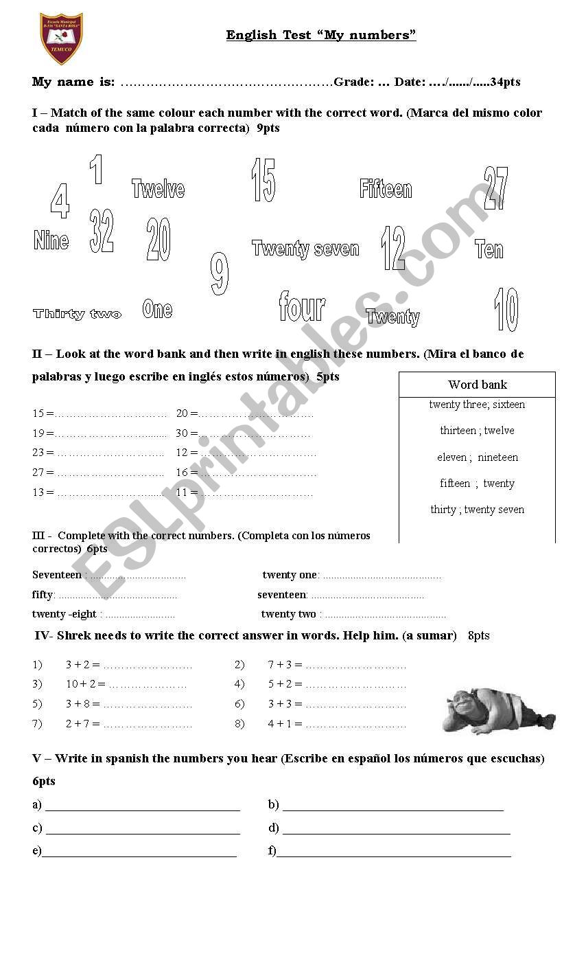 my numbers test worksheet