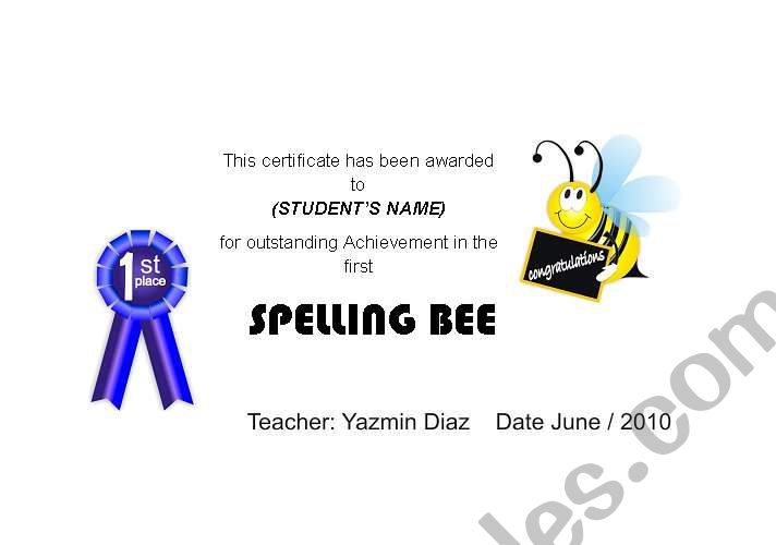 Spelling Bee certificate worksheet