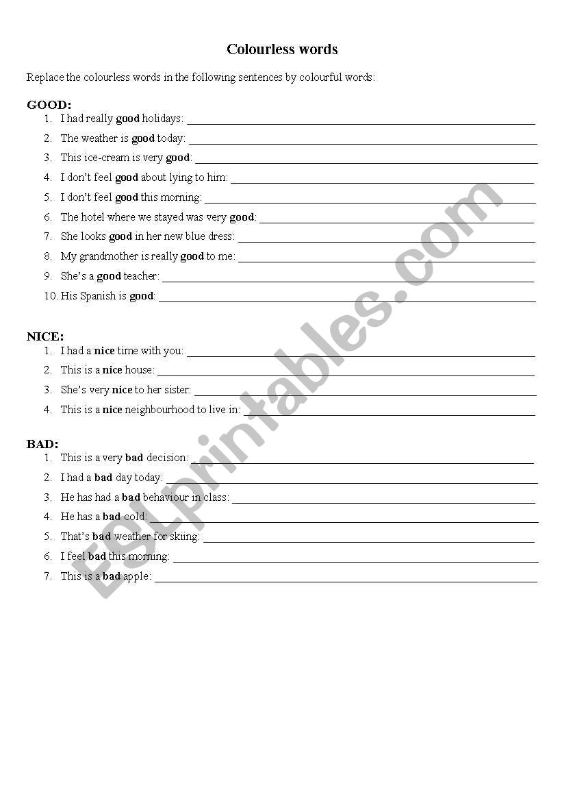 Colourless words worksheet