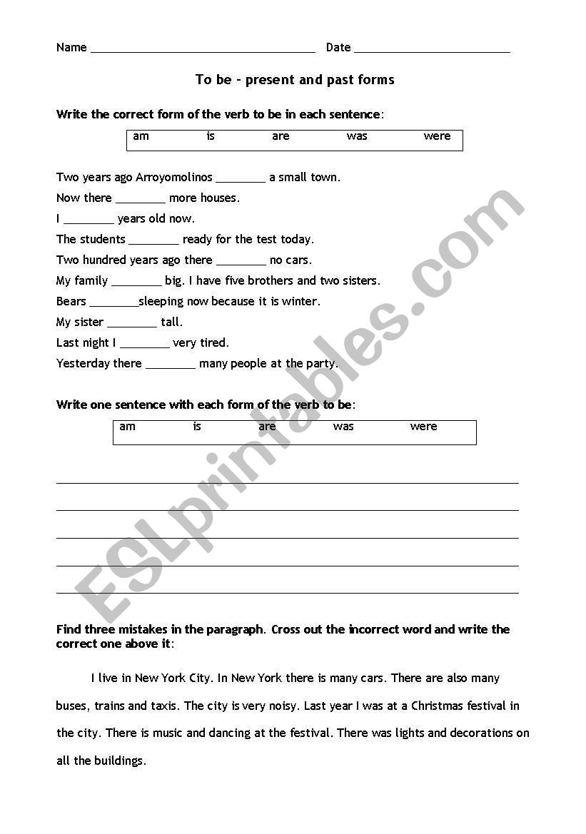Worksheet on the verb to be simple past and present tense