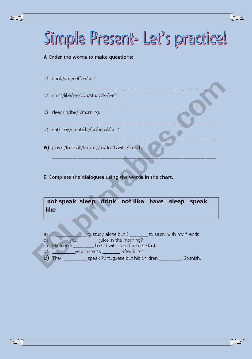 Simple present practice worksheet