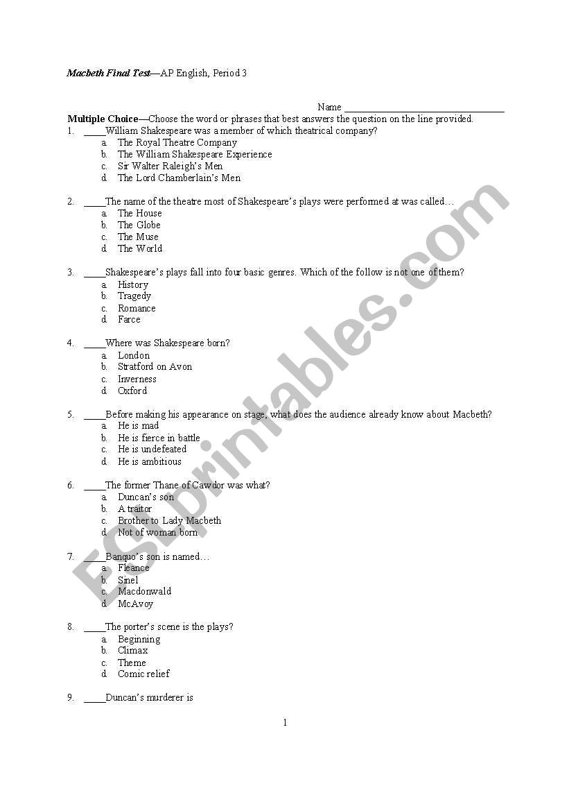 Macbeth Unit Final Test worksheet