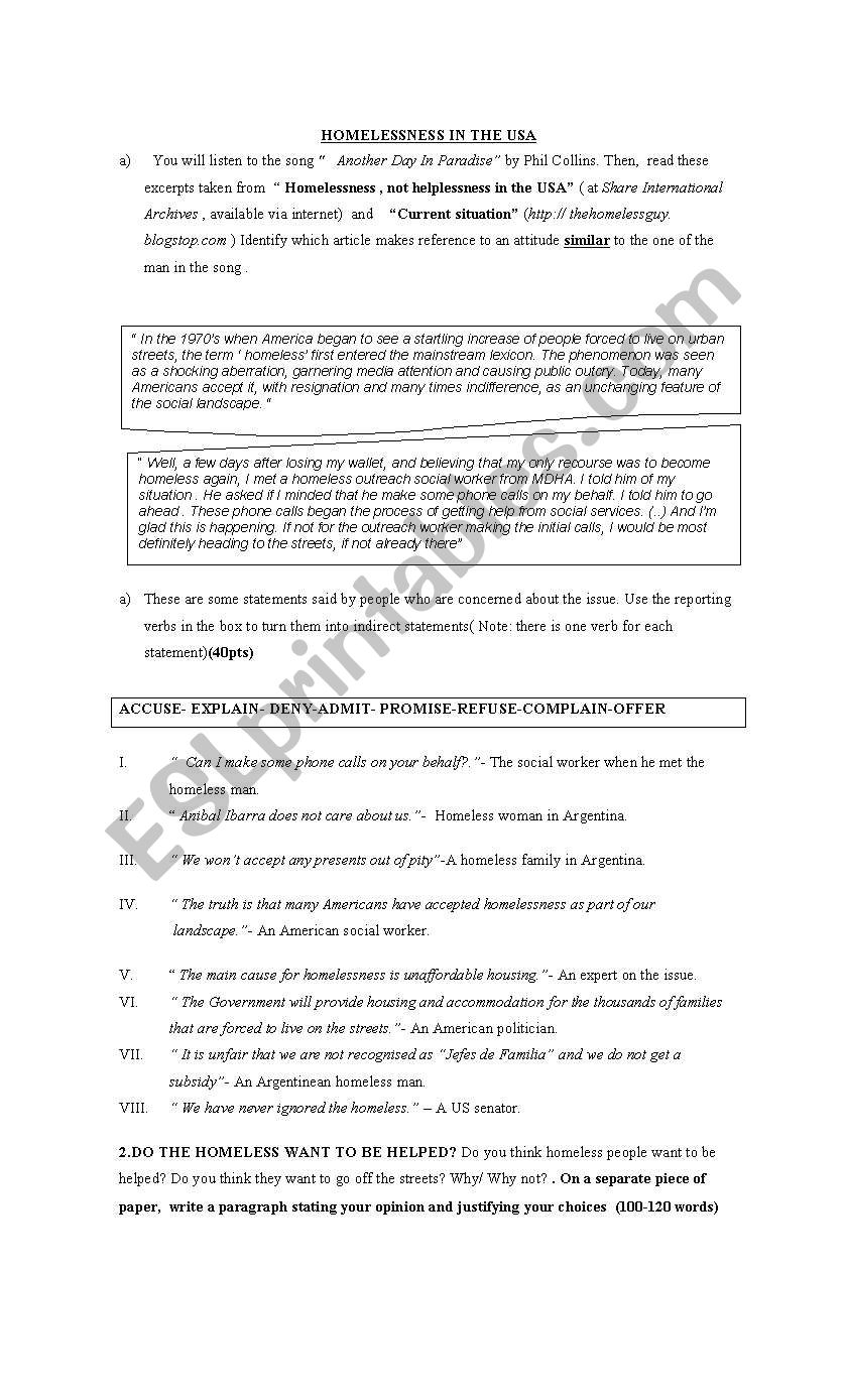 HOMELESSNESS worksheet