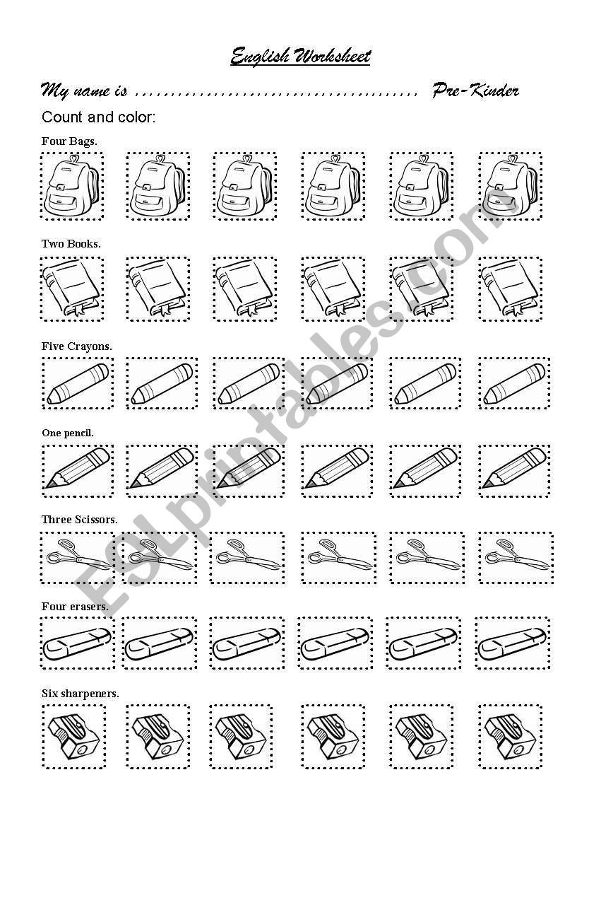 Count and color the school objects...