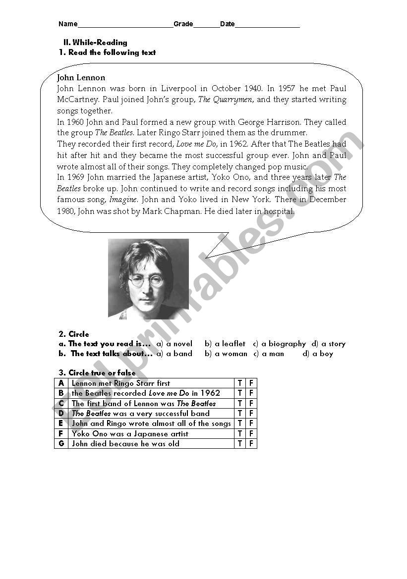 john Lennon worksheet