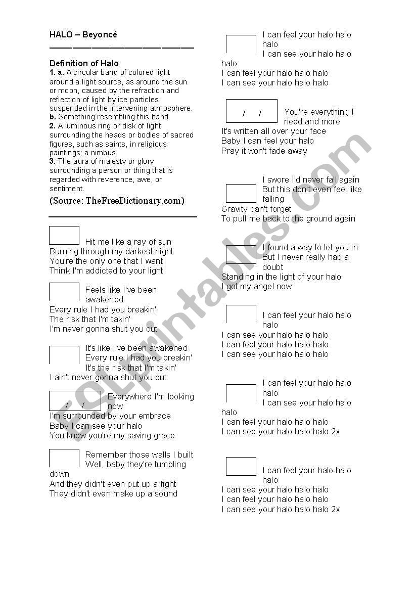 Activity with the song Halo worksheet